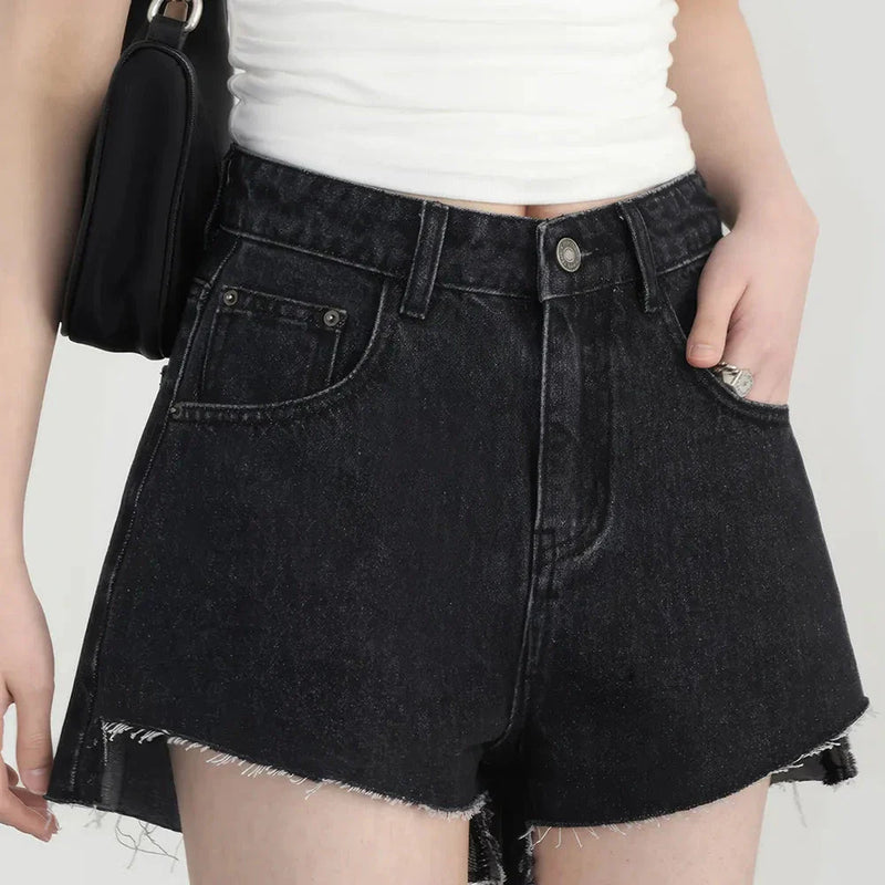 GiftHome_UK High Waist Asymmetric Hem Denim Shorts