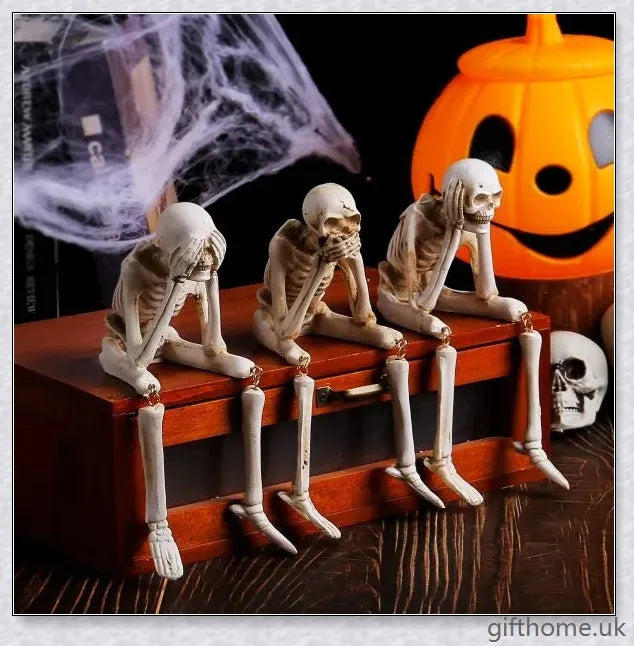 Boneyard Halloween Skeleton Ornaments, a set of 3 lifelike resin skeletons for spooky seasonal decor