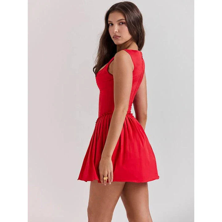 Red sleeveless mini dress with square collar and backless design, perfect for parties and special occasions