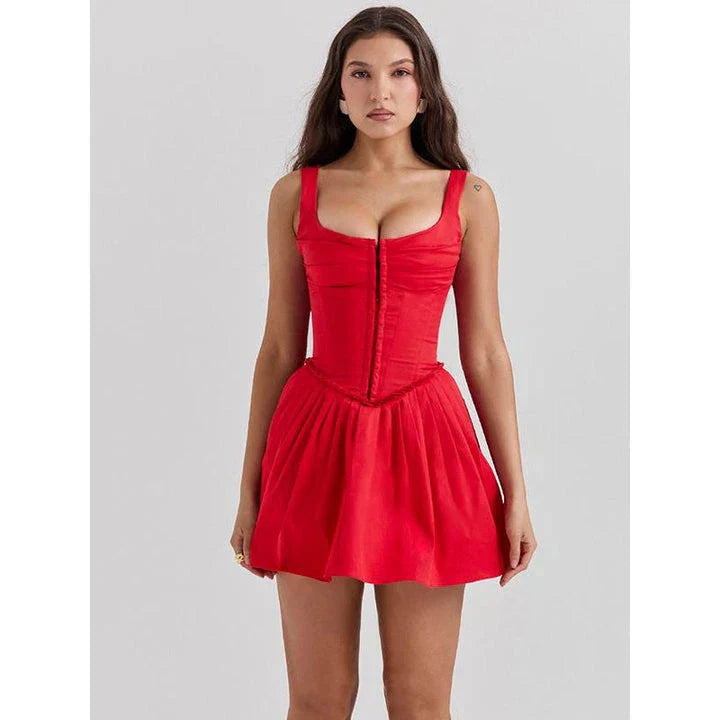 Red sleeveless mini dress with square collar and backless design, perfect for parties and special occasions