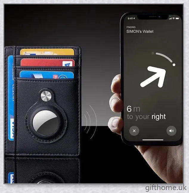 Premium leather wallet with integrated AirTag pocket, RFID-blocking technology, and minimalist design for the modern gentleman