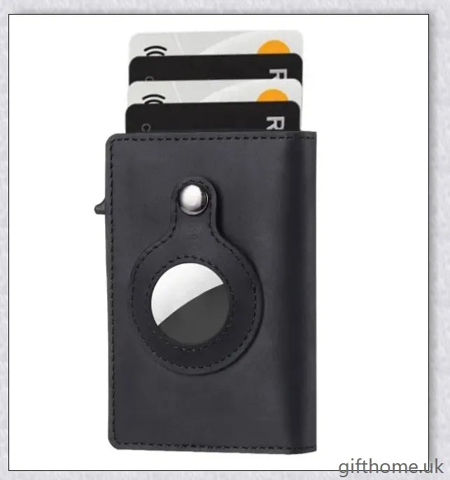 Premium leather wallet with integrated AirTag pocket, RFID-blocking technology, and minimalist design for the modern gentleman