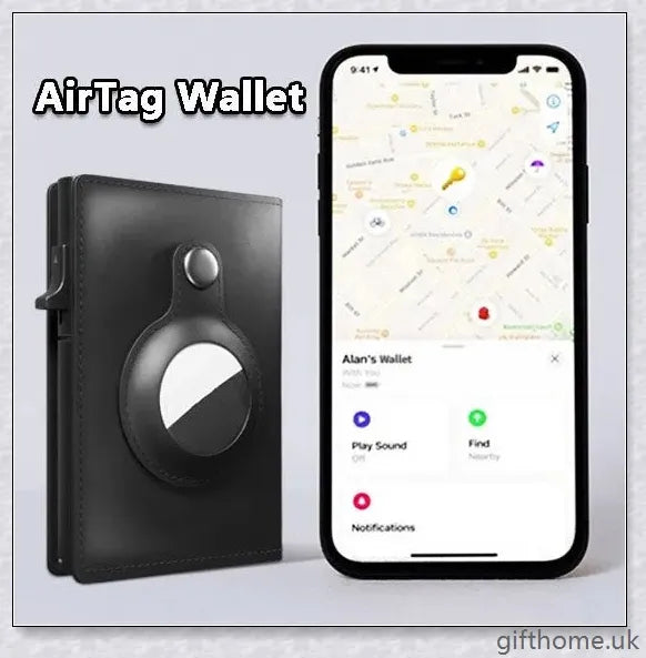 Premium leather wallet with integrated AirTag pocket, RFID-blocking technology, and minimalist design for the modern gentleman