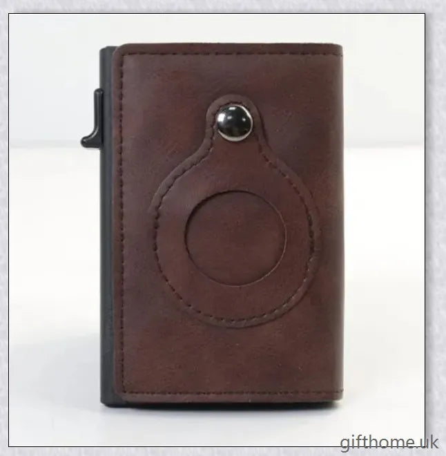Premium leather wallet with integrated AirTag pocket, RFID-blocking technology, and minimalist design for the modern gentleman