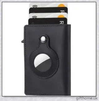 Premium leather wallet with integrated AirTag pocket, RFID-blocking technology, and minimalist design for the modern gentleman