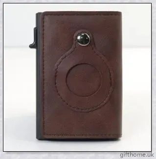 Premium leather wallet with integrated AirTag pocket, RFID-blocking technology, and minimalist design for the modern gentleman