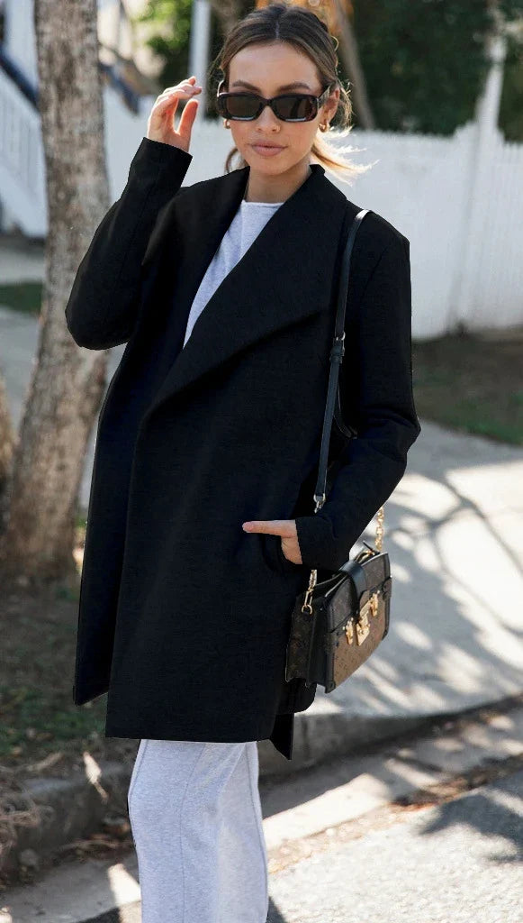 Premium polyester fibre trench coat in solid grey or black colour, with a timeless silhouette and flattering fit