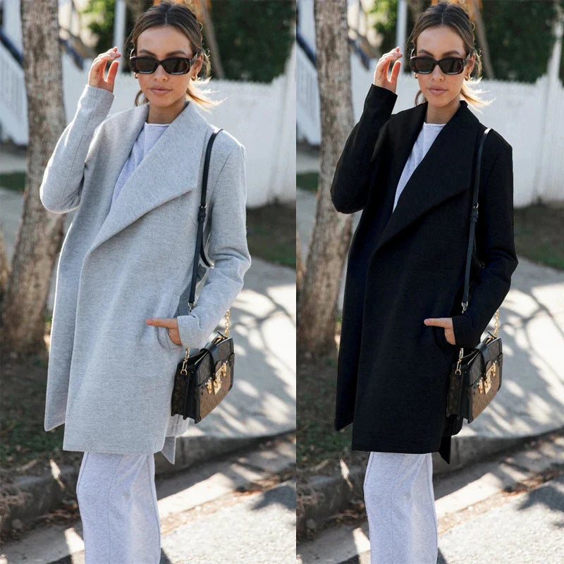 Premium polyester fibre trench coat in solid grey or black colour, with a timeless silhouette and flattering fit