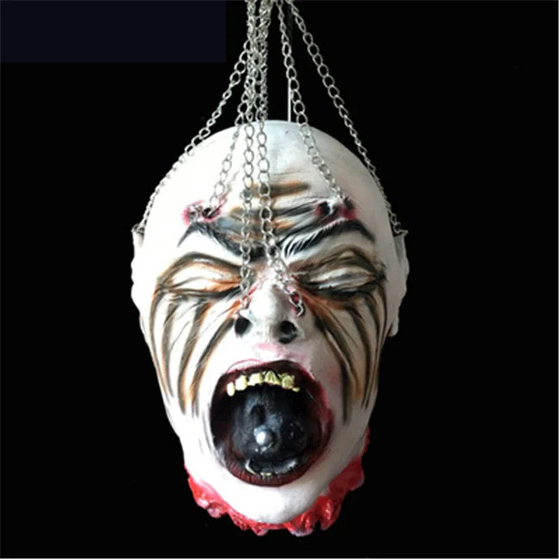 Chilling Halloween Secret Room Decapitation Decoration Horror Props with voice-activated sensor, red LED eyes, and swaying severed arm