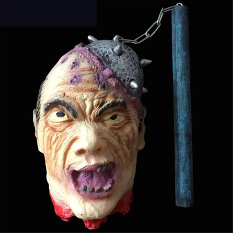 Chilling Halloween Secret Room Decapitation Decoration Horror Props with voice-activated sensor, red LED eyes, and swaying severed arm