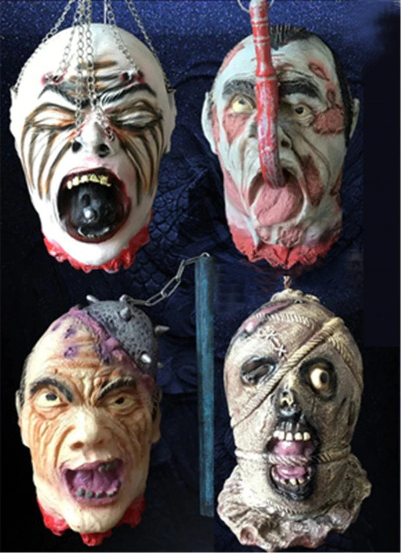 Chilling Halloween Secret Room Decapitation Decoration Horror Props with voice-activated sensor, red LED eyes, and swaying severed arm