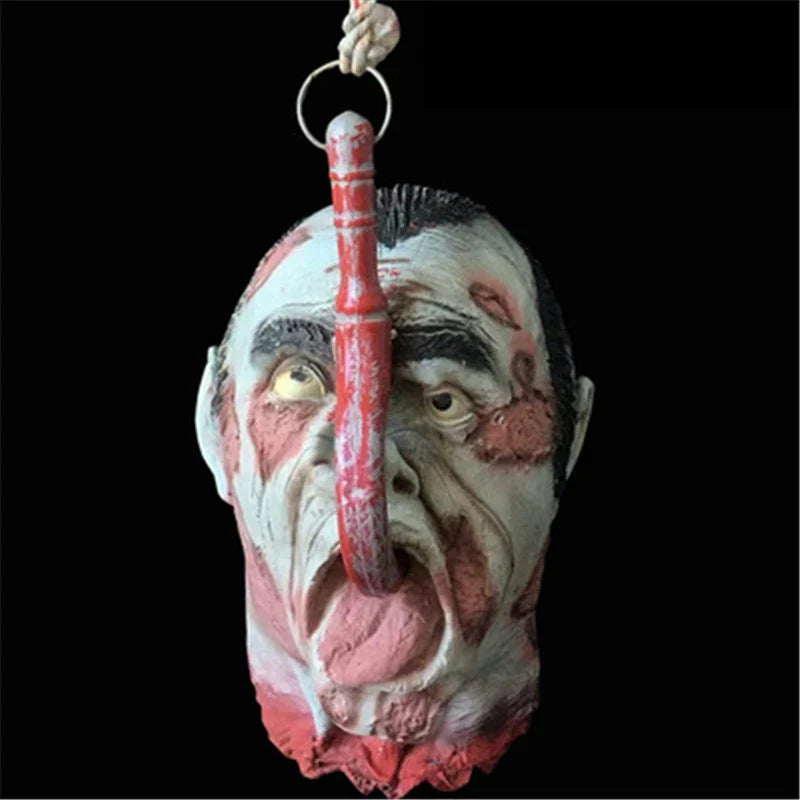 Chilling Halloween Secret Room Decapitation Decoration Horror Props with voice-activated sensor, red LED eyes, and swaying severed arm