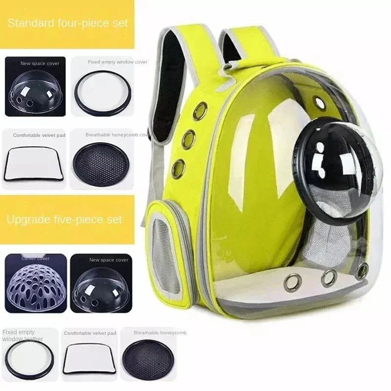 Luxury Cat Space Capsule Backpack in yellow, a transparent pet carrier for stylish outings and travel