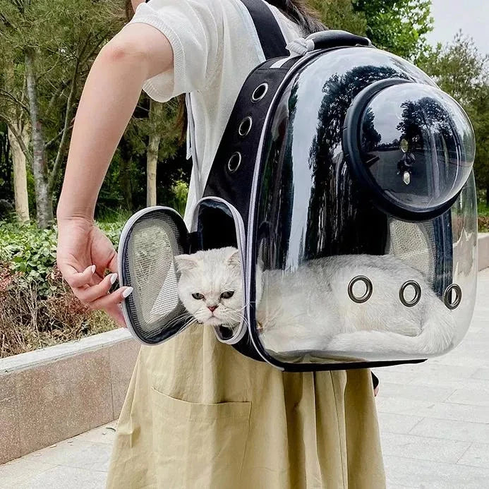 Luxury Cat Space Capsule Backpack in yellow, a transparent pet carrier for stylish outings and travel