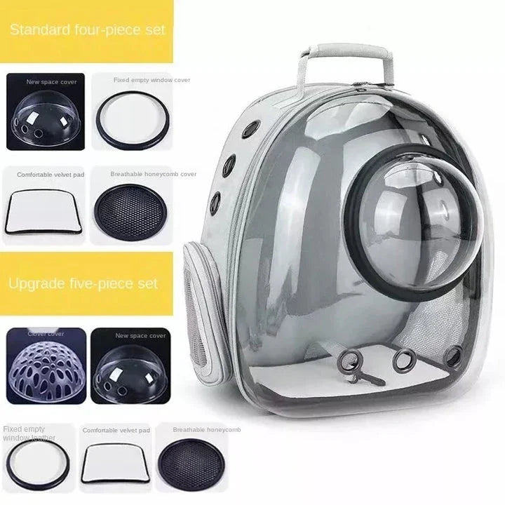 Luxury Cat Space Capsule Backpack in yellow, a transparent pet carrier for stylish outings and travel