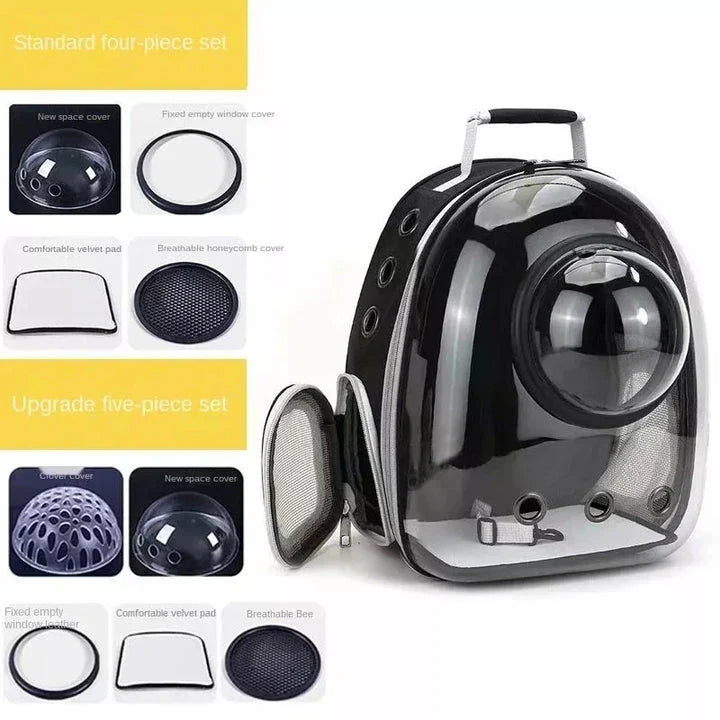 Luxury Cat Space Capsule Backpack in yellow, a transparent pet carrier for stylish outings and travel