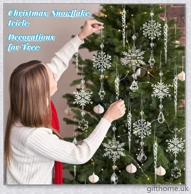 Sparkling clear acrylic icicle ornaments with hanging holes and ribbon, perfect for decorating Christmas trees, fireplaces, and more.