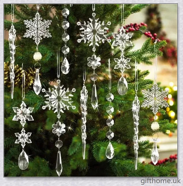 Sparkling clear acrylic icicle ornaments with hanging holes and ribbon, perfect for decorating Christmas trees, fireplaces, and more.