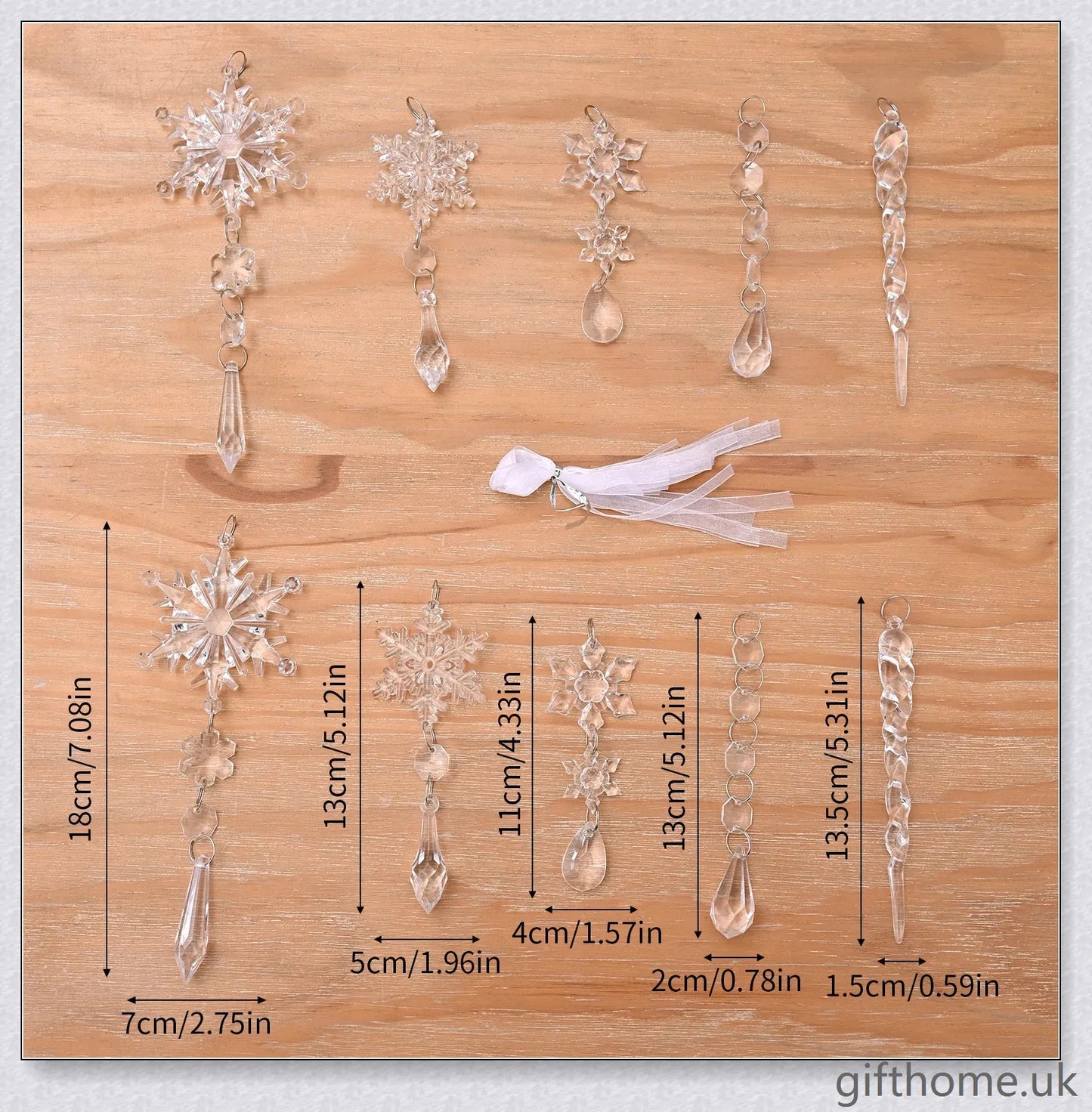 Sparkling clear acrylic icicle ornaments with hanging holes and ribbon, perfect for decorating Christmas trees, fireplaces, and more.