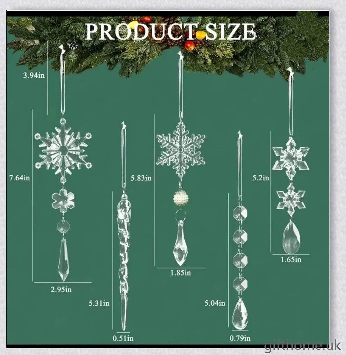 Sparkling clear acrylic icicle ornaments with hanging holes and ribbon, perfect for decorating Christmas trees, fireplaces, and more.