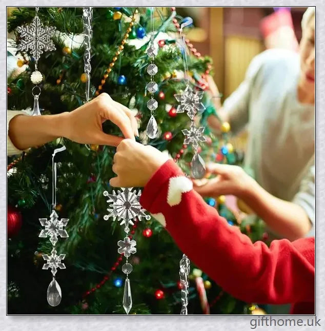 Sparkling clear acrylic icicle ornaments with hanging holes and ribbon, perfect for decorating Christmas trees, fireplaces, and more.