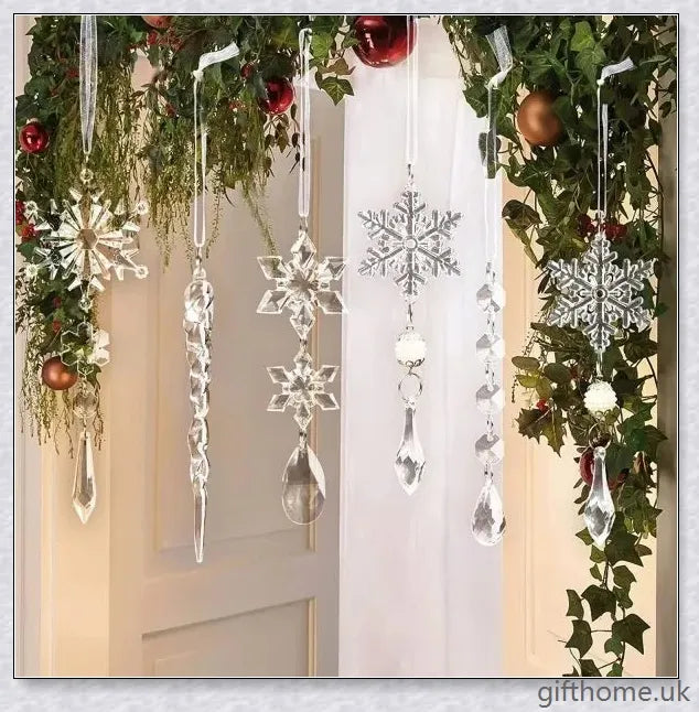 Sparkling clear acrylic icicle ornaments with hanging holes and ribbon, perfect for decorating Christmas trees, fireplaces, and more.