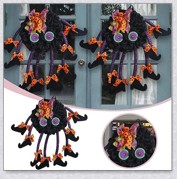 Spooky Halloween Multi-Legged Witch Wreath with vibrant colours, unique design, and adjustable legs