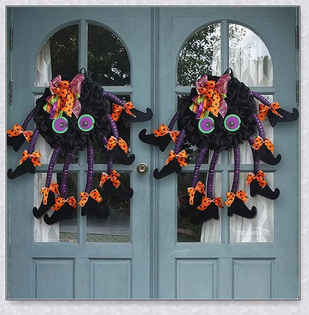 Spooky Halloween Multi-Legged Witch Wreath with vibrant colours, unique design, and adjustable legs