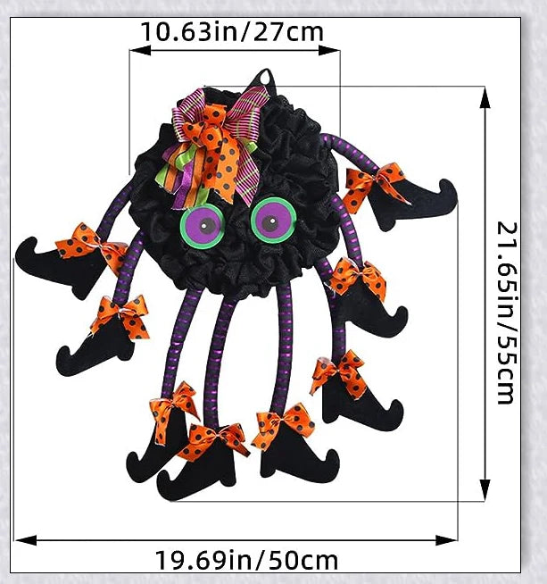 Spooky Halloween Multi-Legged Witch Wreath with vibrant colours, unique design, and adjustable legs