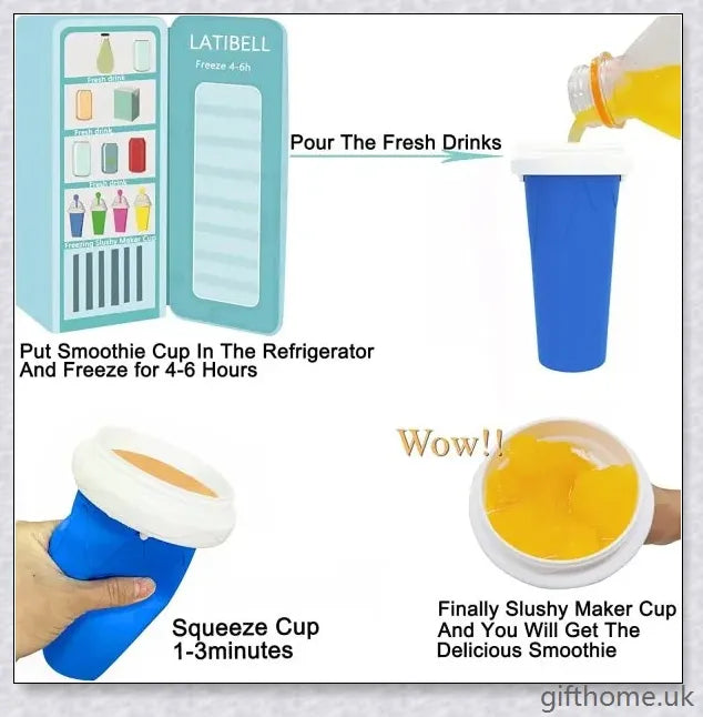 A silicone and TPU slushy cup with a straw and spoon, capable of turning liquids into frozen treats in just 1-2 minutes.