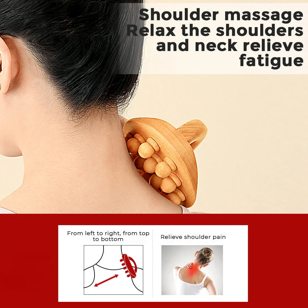 Handheld massage brush made of natural beech wood with smooth massage beads for relaxation and self-care