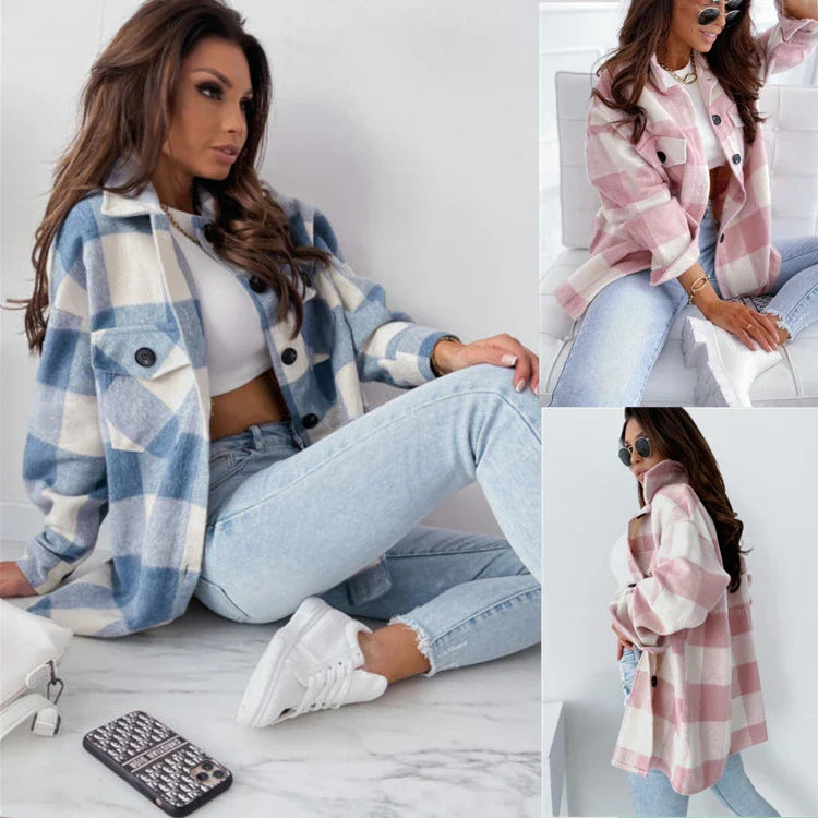 Loose plaid woollen long-sleeved jacket in a relaxed, oversized fit with a classic British-inspired design