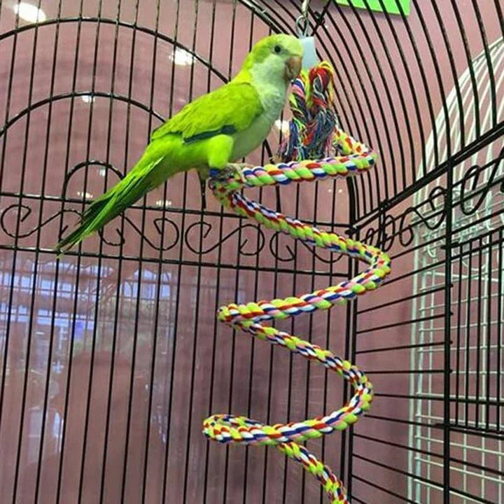 A beautifully crafted woven spiral toy designed to entertain and engage pet birds with its mesmerizing design and premium cotton construction.