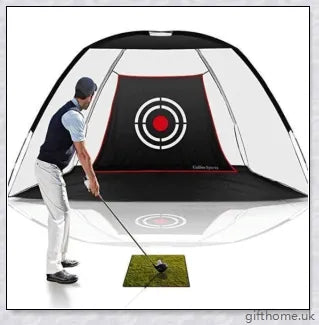Golf practice driving net with rip-resistant target and wide openings for indoor and outdoor use