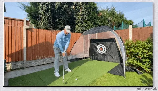 Golf practice driving net with rip-resistant target and wide openings for indoor and outdoor use