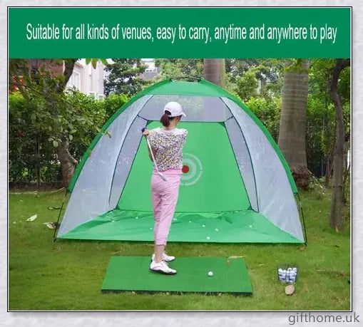 Golf practice driving net with rip-resistant target and wide openings for indoor and outdoor use