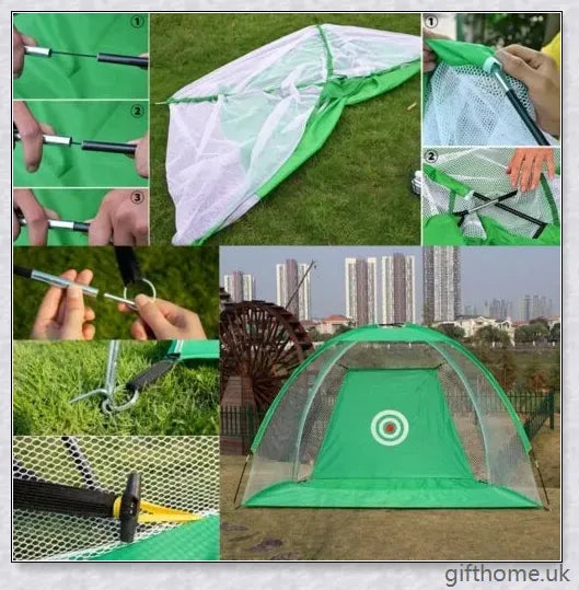 Golf practice driving net with rip-resistant target and wide openings for indoor and outdoor use