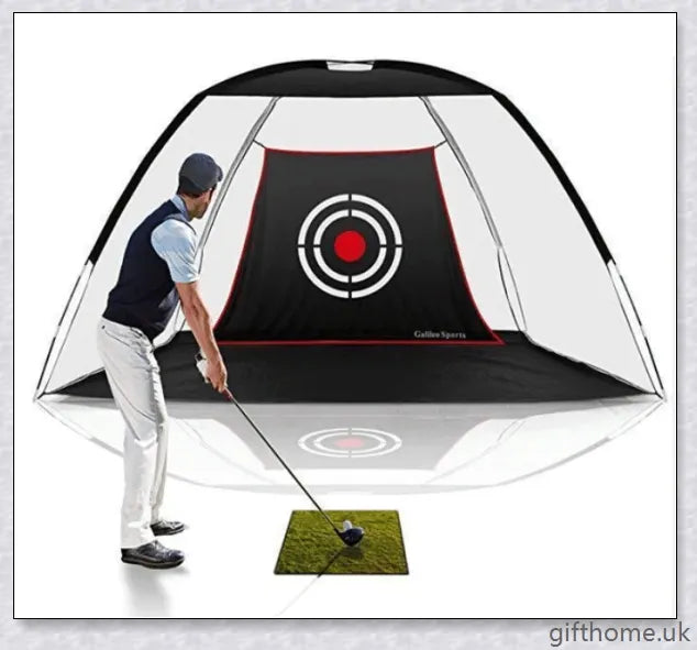 Golf practice driving net with rip-resistant target and wide openings for indoor and outdoor use