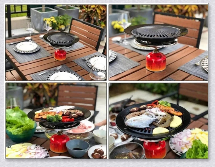 Hunters Creek Portable Korean Outdoor Barbecue Gas Grill Pan with various cooking accessories, including a baking tray, kettle, and pot