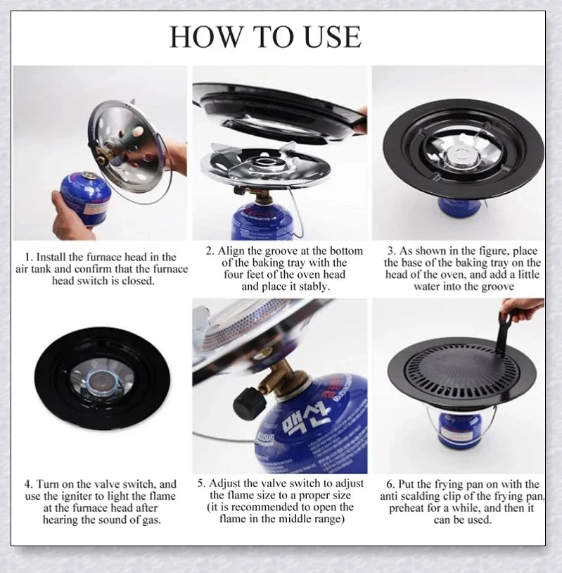 Hunters Creek Portable Korean Outdoor Barbecue Gas Grill Pan with various cooking accessories, including a baking tray, kettle, and pot