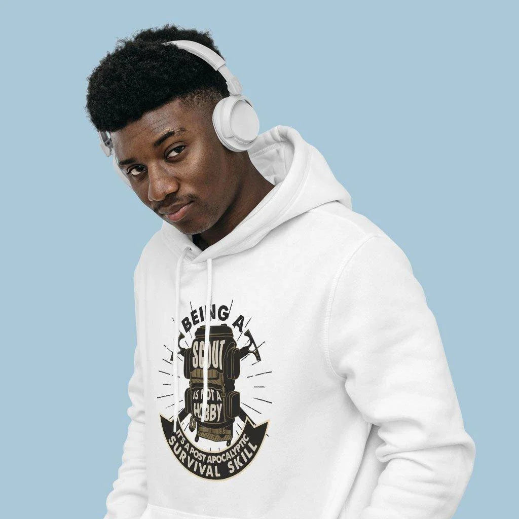 A comfortable, stylish, and eco-friendly hoodie designed for UK scouting enthusiasts, featuring a cosy fleece lining and adjustable drawstring hood.