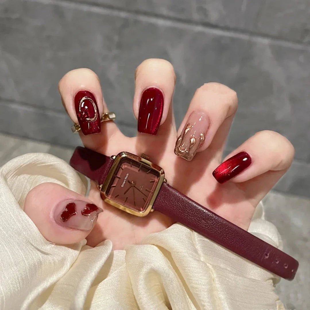 Trendha Passionate Red Cat's Eye Bridal Nails - Exquisite handcrafted nails with captivating cat's eye effect for elevated wedding day style