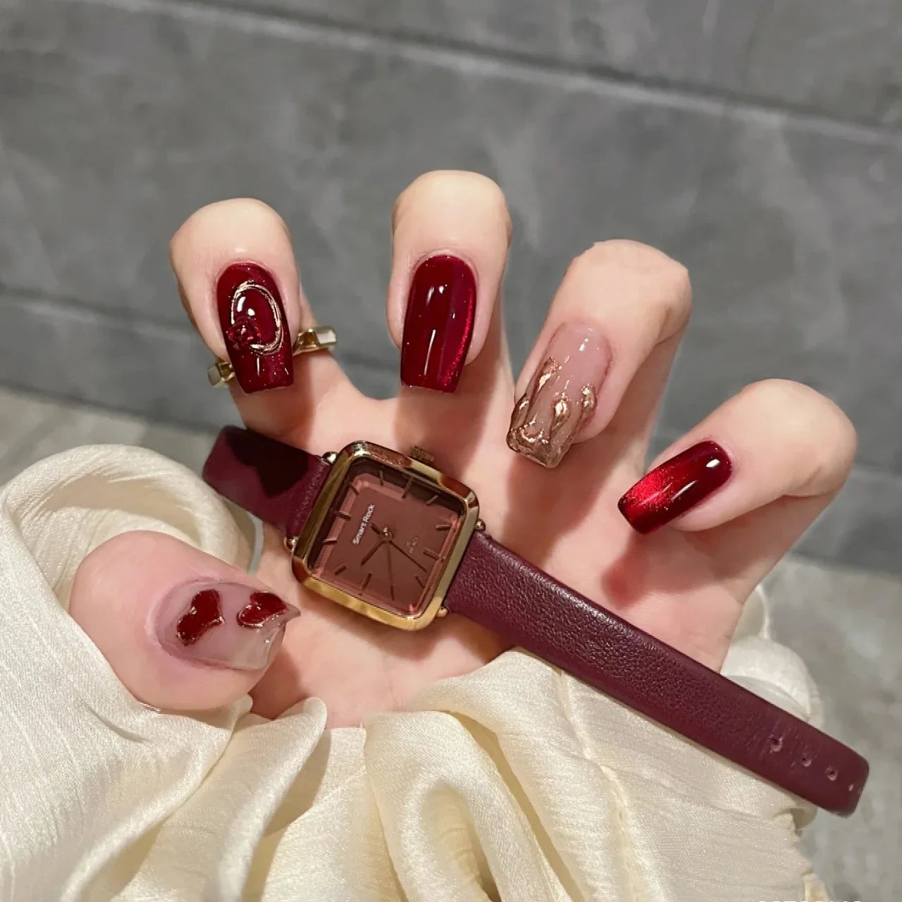 Trendha Passionate Red Cat's Eye Bridal Nails - Exquisite handcrafted nails with captivating cat's eye effect for elevated wedding day style
