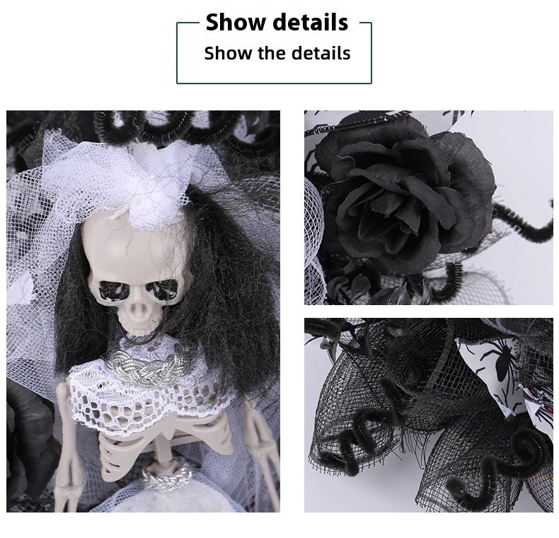 Spooky Halloween decoration featuring a mesh garland with a bride and groom skull design