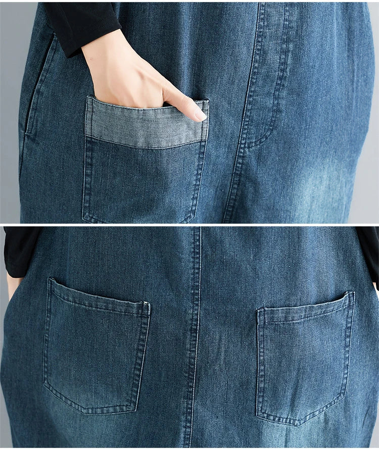 Casual Literary Women's Plus Size Denim Overalls in a dark wash, featuring a high-waist design and subtle distressing