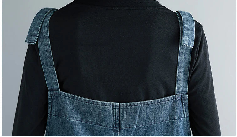 Casual Literary Women's Plus Size Denim Overalls in a dark wash, featuring a high-waist design and subtle distressing