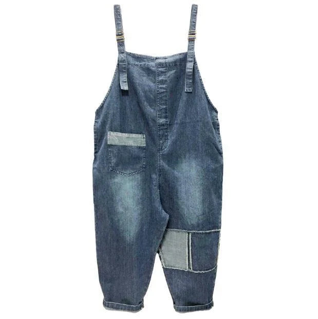 Casual Literary Women's Plus Size Denim Overalls in a dark wash, featuring a high-waist design and subtle distressing