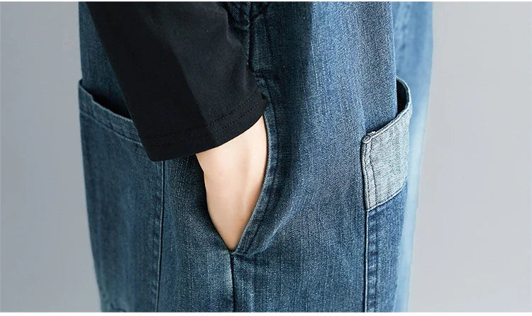 Casual Literary Women's Plus Size Denim Overalls in a dark wash, featuring a high-waist design and subtle distressing