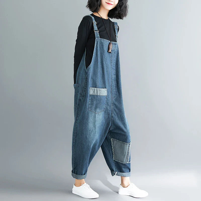 Casual Literary Women's Plus Size Denim Overalls in a dark wash, featuring a high-waist design and subtle distressing