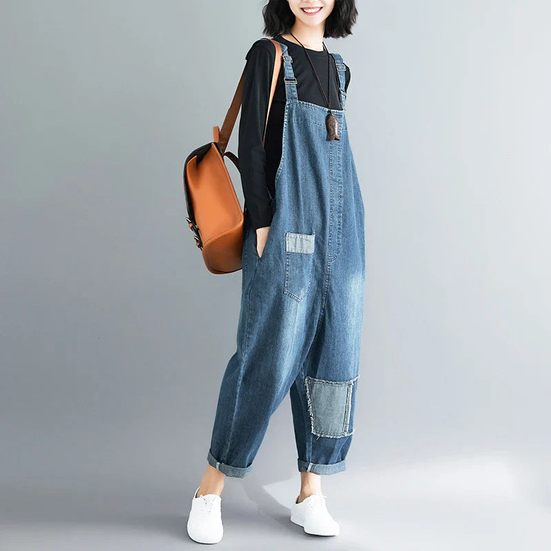 Casual Literary Women's Plus Size Denim Overalls in a dark wash, featuring a high-waist design and subtle distressing